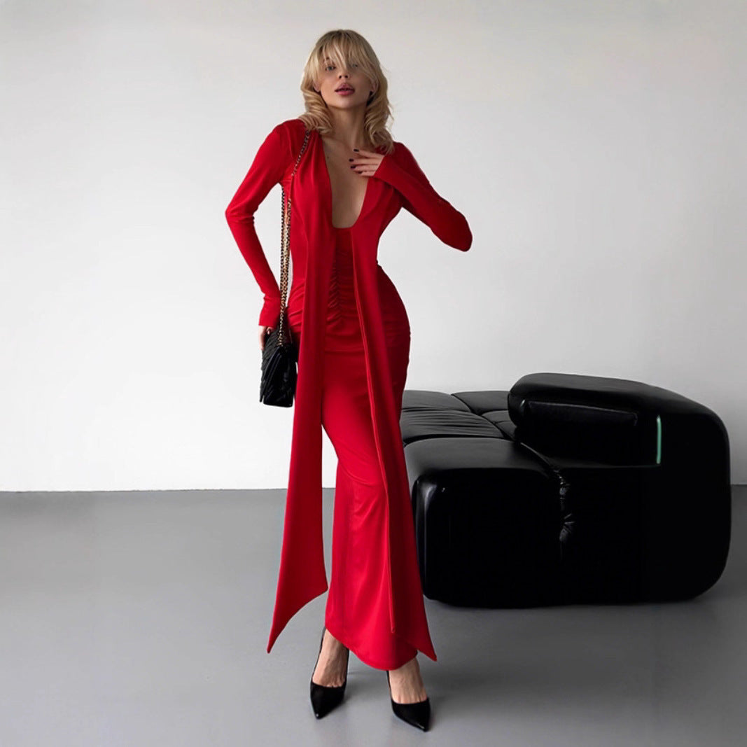 Women's Deep V Sexy Long-sleeved Ribbon Slim-fit Sheath Dress