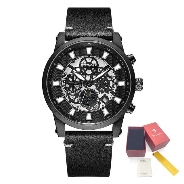 RUIMAS Fashion Men Watches Sapphire Automatic Mechanical Wrist Watch Waterproof Date Leather Casual Male Clock Montre Homme 6768