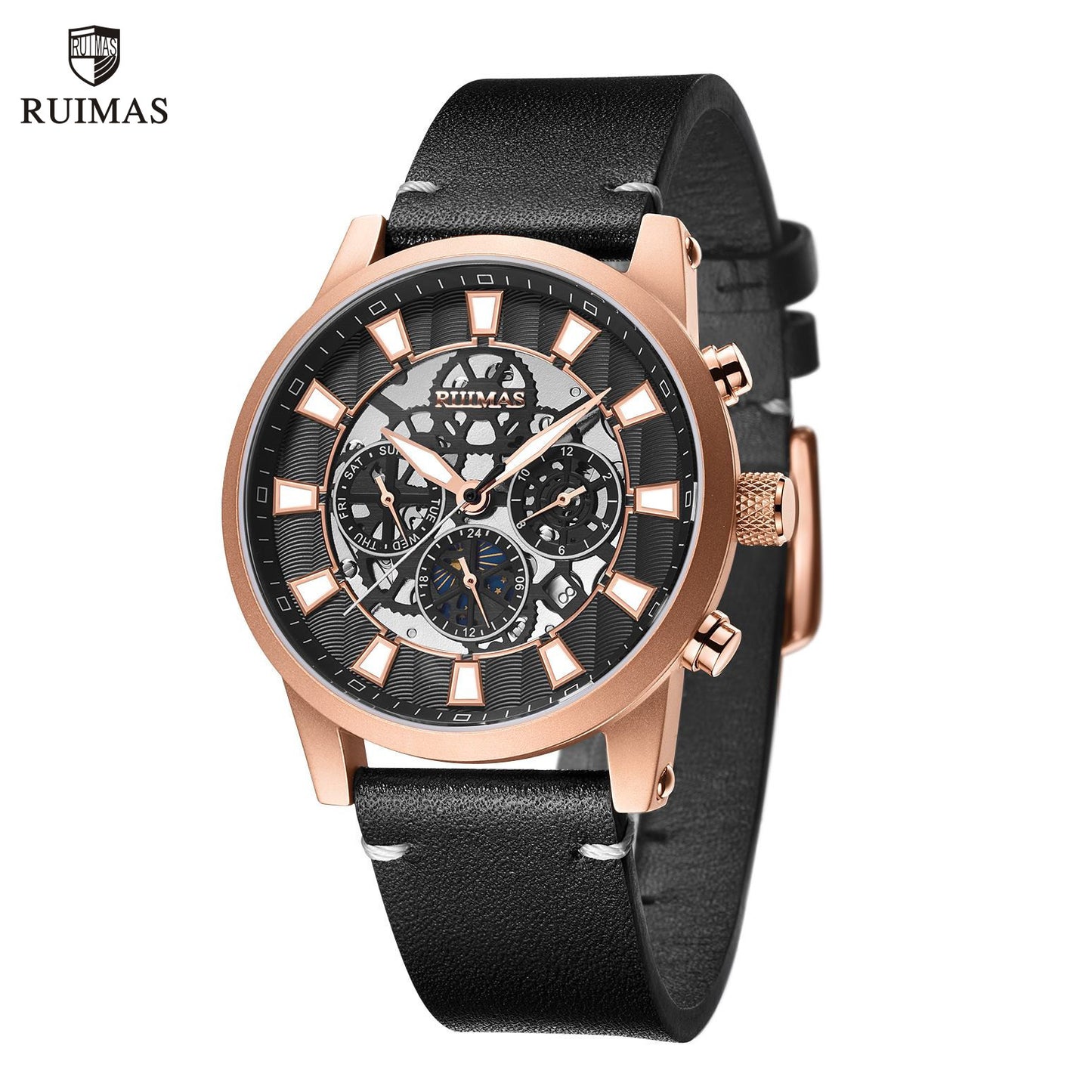 RUIMAS Fashion Men Watches Sapphire Automatic Mechanical Wrist Watch Waterproof Date Leather Casual Male Clock Montre Homme 6768