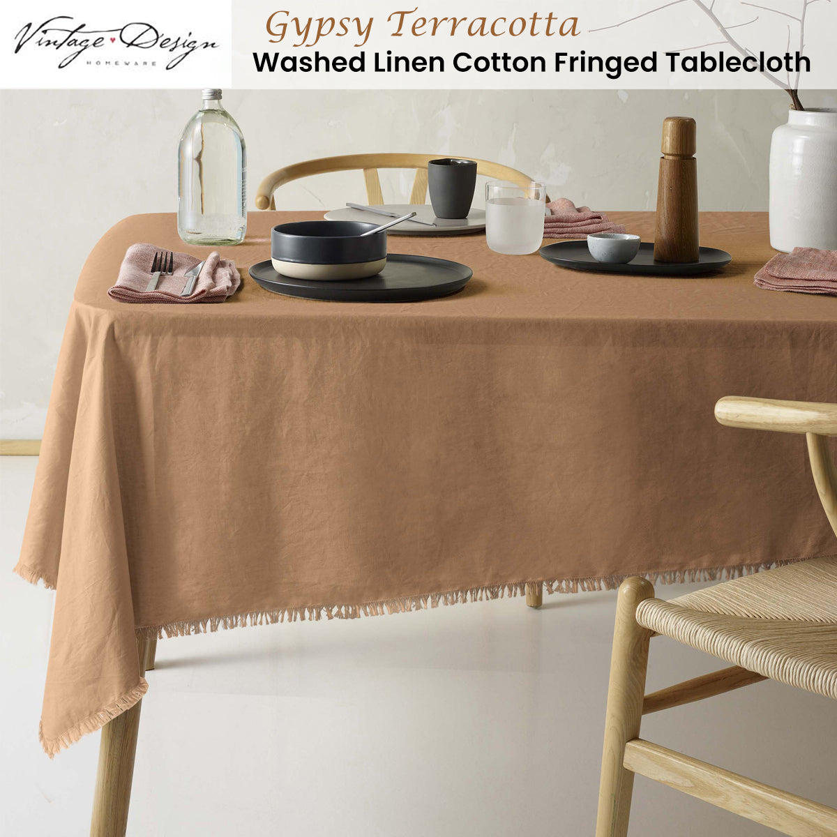 NNEDSZ Vintage Design Homewares Gypsy Terracotta Fringed Washed Linen Cotton Tablecloth 150cm x 230cm