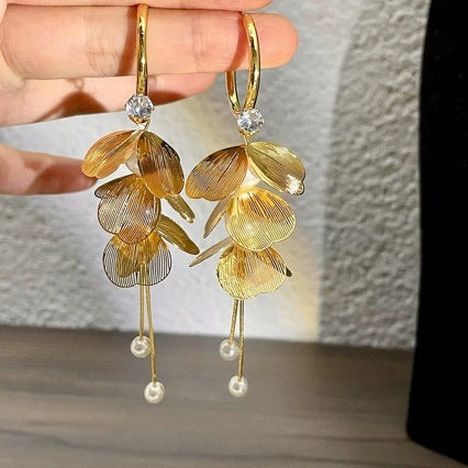 French Elegant Design Floral Petal Pearl Fringe Earrings