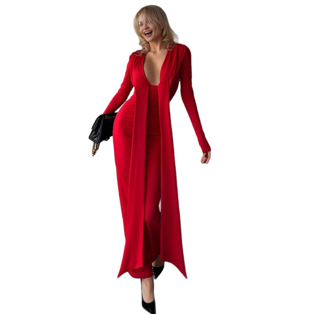 Women's Deep V Sexy Long-sleeved Ribbon Slim-fit Sheath Dress