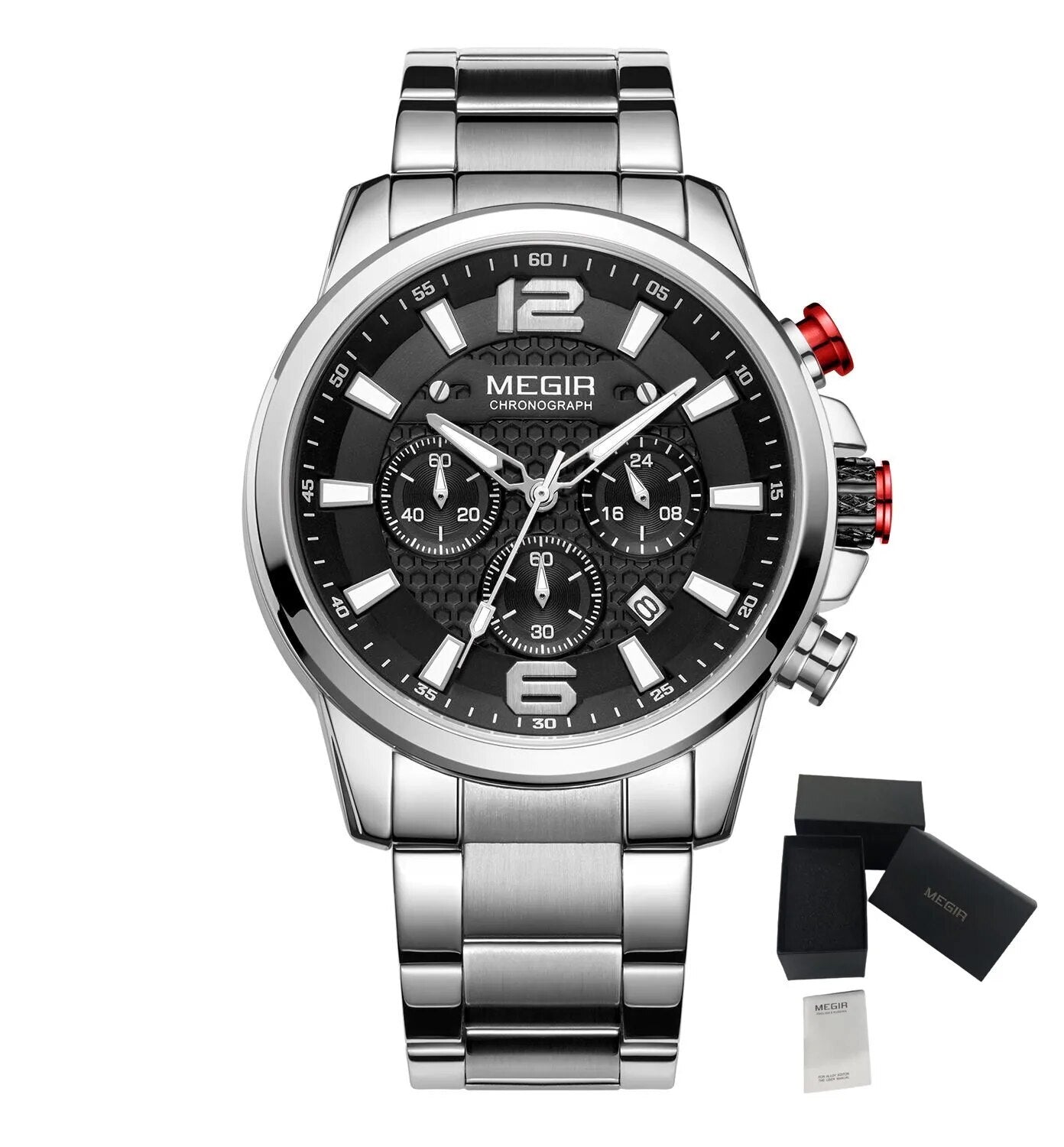 MEGIR Men's Quartz Wrist Watch Stainless Steel Band Chronograph Watches Luminous Waterproof Wristwatch Man Clock Military Watch