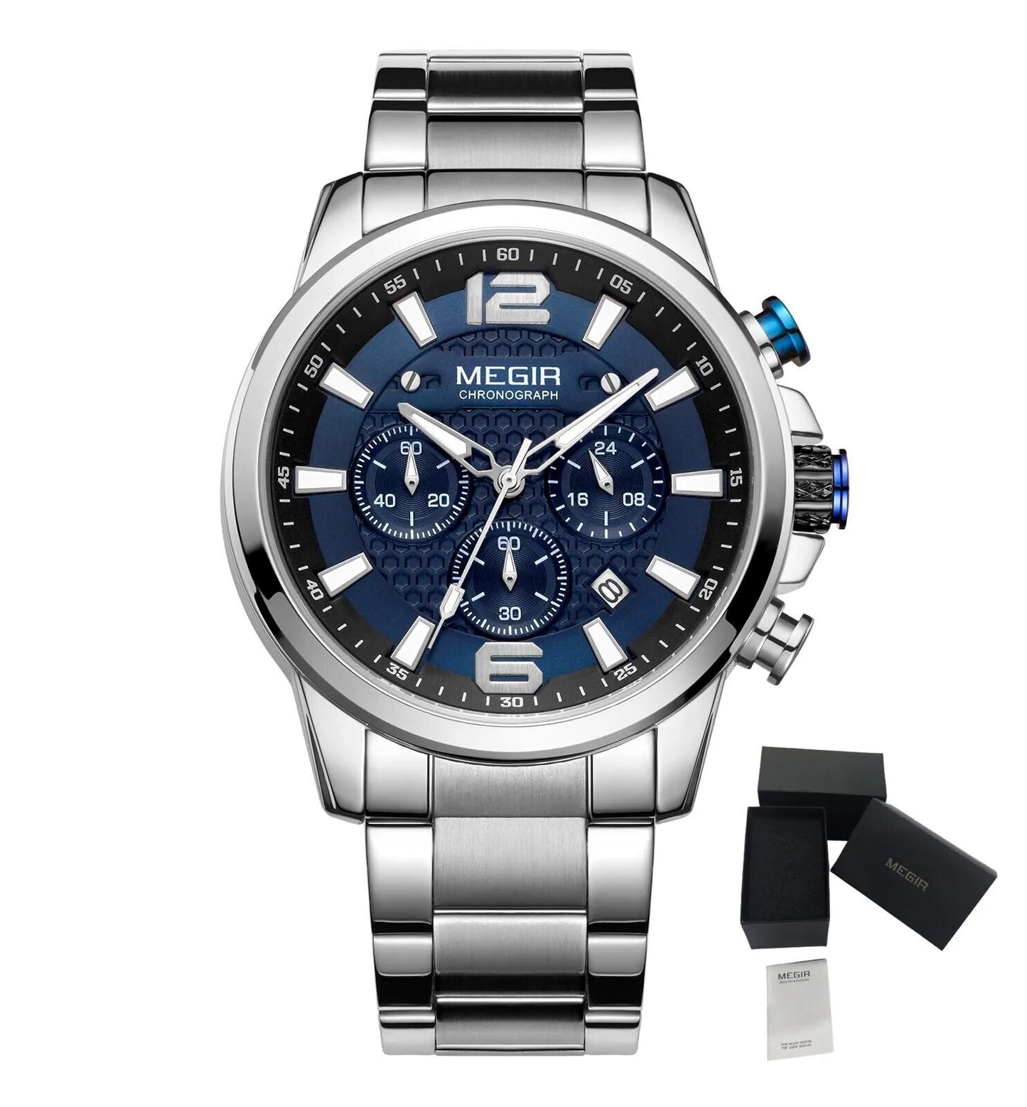 MEGIR Men's Quartz Wrist Watch Stainless Steel Band Chronograph Watches Luminous Waterproof Wristwatch Man Clock Military Watch