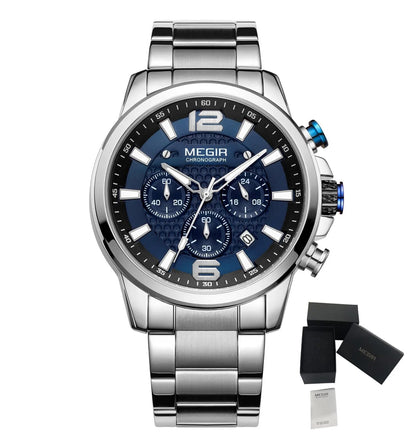 MEGIR Men's Quartz Wrist Watch Stainless Steel Band Chronograph Watches Luminous Waterproof Wristwatch Man Clock Military Watch