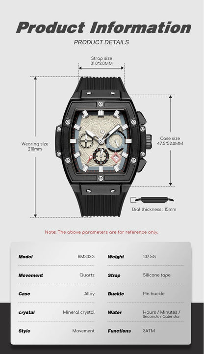 RUIMAS Watch for Men Fashion Luxury Sport Military Watches Silicone Strap Waterproof Quartz Casual Wristwatch Clock Montre Homme