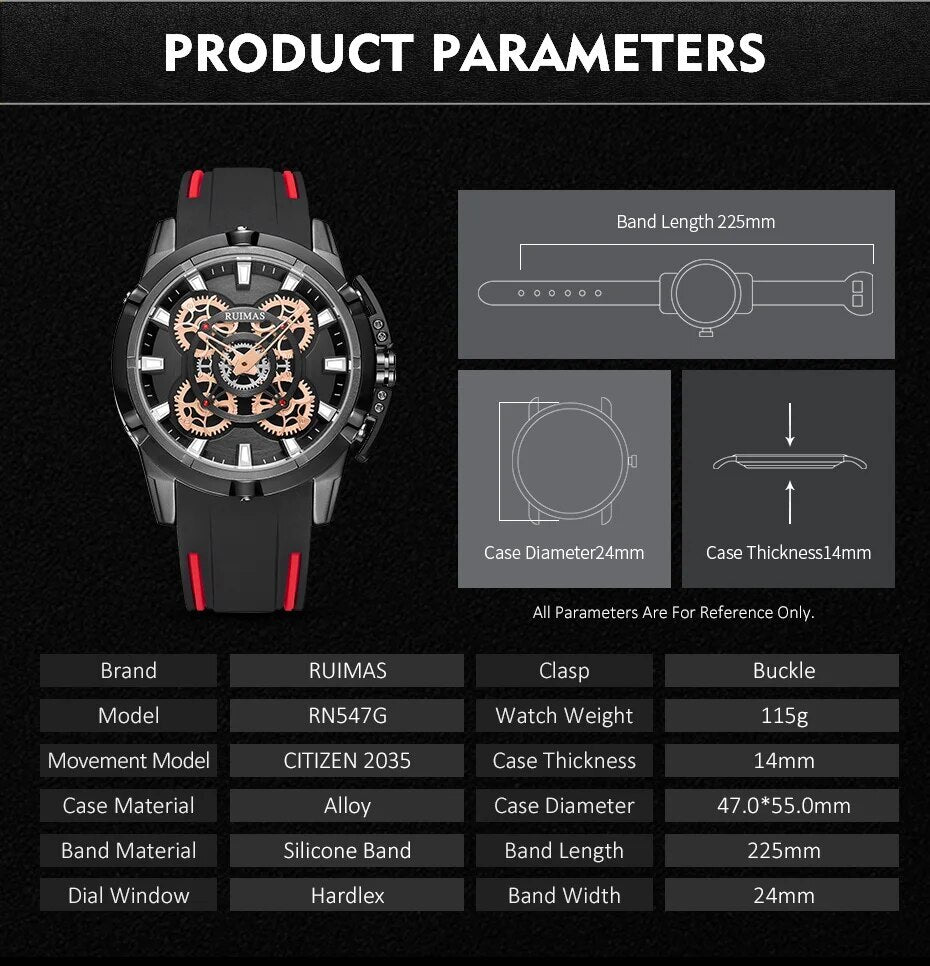 RUIMAS Top Brand Mens Watches Luxury Silicone Large Dial Sports Quartz Wristwatch Waterproof Date Clock Casual Relogio Masculino