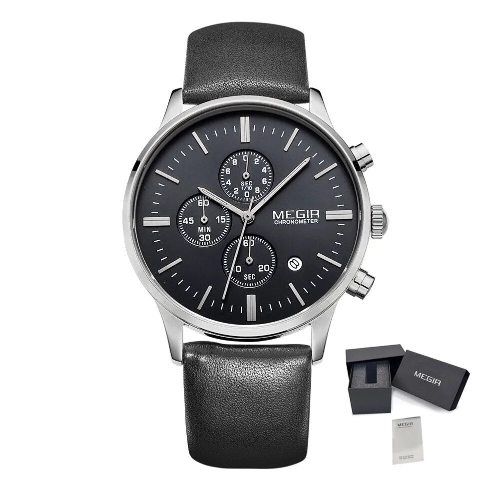 MEGIR Sport Watch for Men Luxury Waterproof Quartz Clock Leather Wristwatch Luminous Military Watches Calendar reloj hombre 2011-9