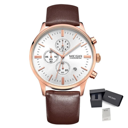 MEGIR Sport Watch for Men Luxury Waterproof Quartz Clock Leather Wristwatch Luminous Military Watches Calendar reloj hombre 2011-16
