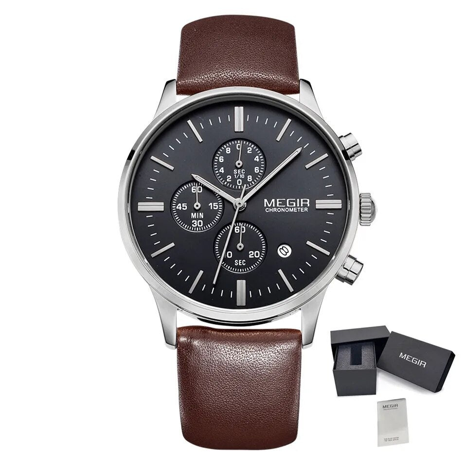 MEGIR Sport Watch for Men Luxury Waterproof Quartz Clock Leather Wristwatch Luminous Military Watches Calendar reloj hombre 2011-13