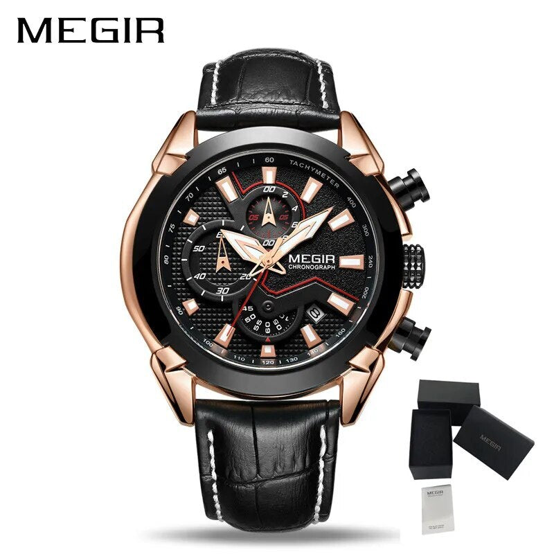 MEGIR Sport Chronograph Men's Quartz Wristwatch Waterproof Male Clock Calendar Luminous Man Watches Calendar Leather Watch 2065