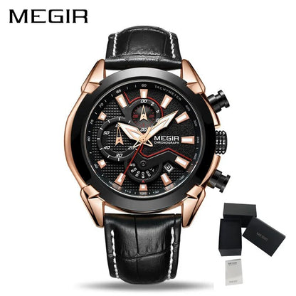 MEGIR Sport Chronograph Men's Quartz Wristwatch Waterproof Male Clock Calendar Luminous Man Watches Calendar Leather Watch 2065