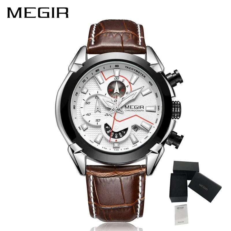 MEGIR Sport Chronograph Men's Quartz Wristwatch Waterproof Male Clock Calendar Luminous Man Watches Calendar Leather Watch 2065