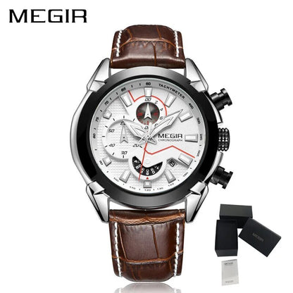 MEGIR Sport Chronograph Men's Quartz Wristwatch Waterproof Male Clock Calendar Luminous Man Watches Calendar Leather Watch 2065