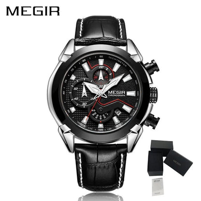 MEGIR Sport Chronograph Men's Quartz Wristwatch Waterproof Male Clock Calendar Luminous Man Watches Calendar Leather Watch 2065