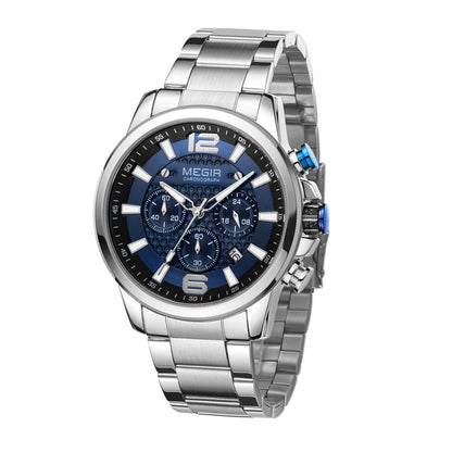 MEGIR Men's Quartz Wrist Watch Stainless Steel Band Chronograph Watches Luminous Waterproof Wristwatch Man Clock Military Watch