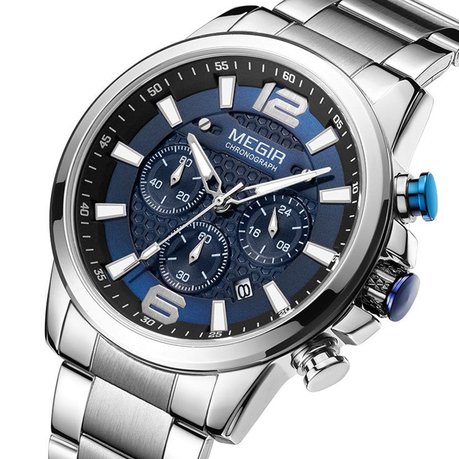 MEGIR Men's Quartz Wrist Watch Stainless Steel Band Chronograph Watches Luminous Waterproof Wristwatch Man Clock Military Watch