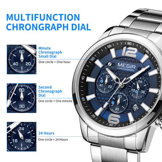 MEGIR Men's Quartz Wrist Watch Stainless Steel Band Chronograph Watches Luminous Waterproof Wristwatch Man Clock Military Watch