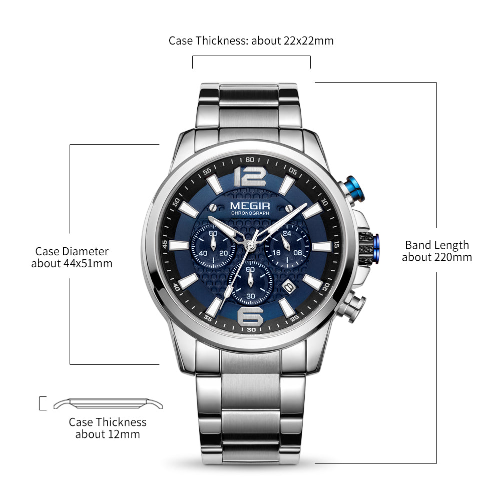 MEGIR Men's Quartz Wrist Watch Stainless Steel Band Chronograph Watches Luminous Waterproof Wristwatch Man Clock Military Watch