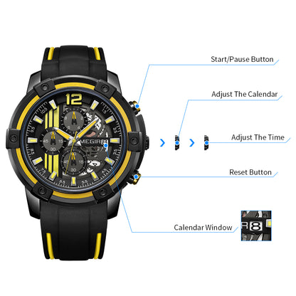 MEGIR Chronograph Mens Sport Watches with Silicone Band Big Dial Military Quartz Watch Men Clock Relogio Masculino Reloj Hombre