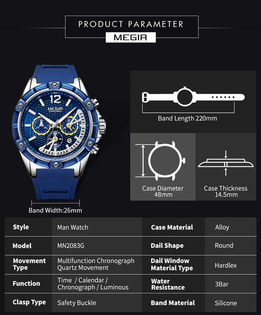 MEGIR Fashion Mens Watches Top Brand Luxury Silicone Sport Military Watch Chronograph Date Waterproof Wristwatch Male Clock 2083-10