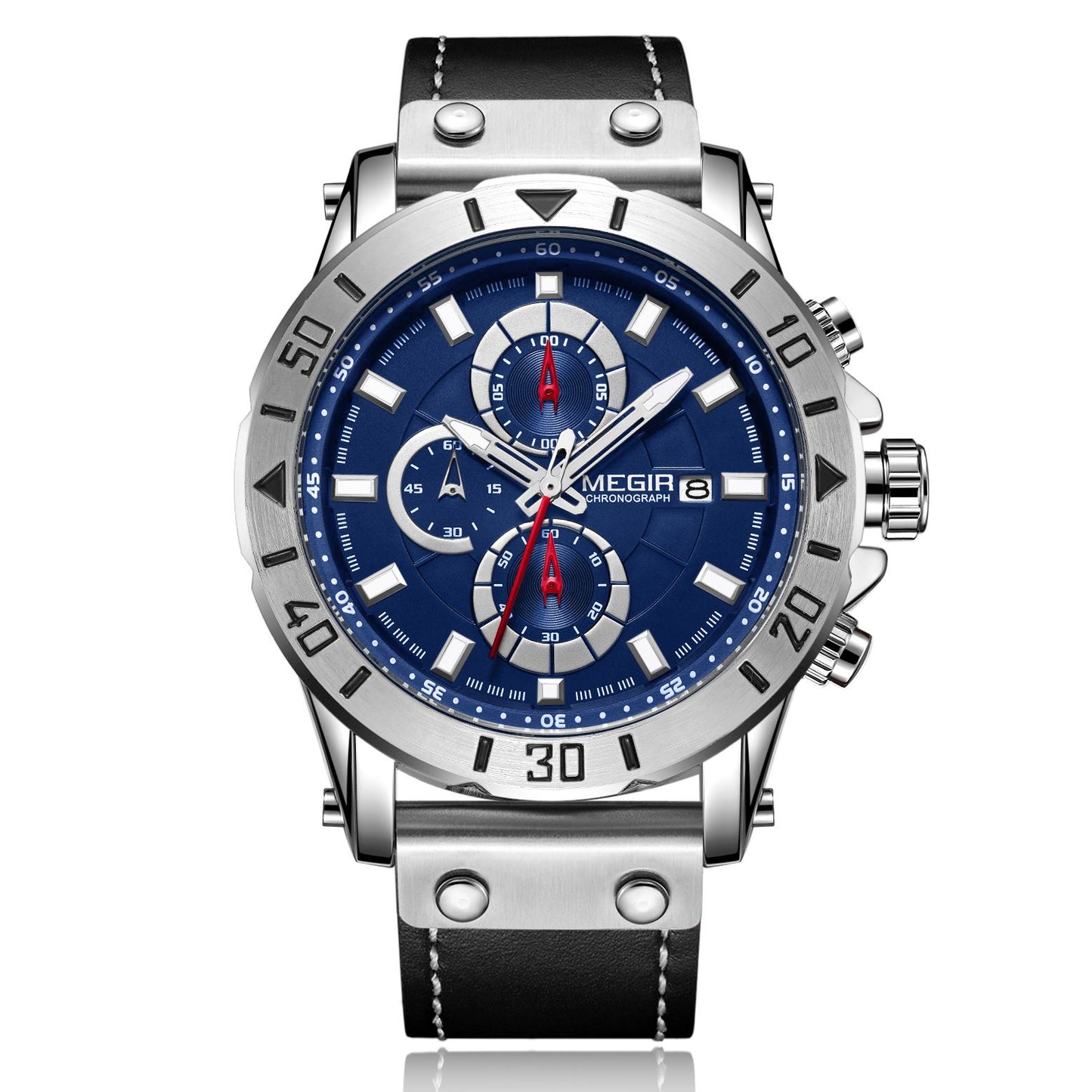 MEGIR Watch Men's Military Sport Wrist Watches Waterproof Leather Quartz Chronograph Calendar Luminous Clock Watch for Man 2081-5