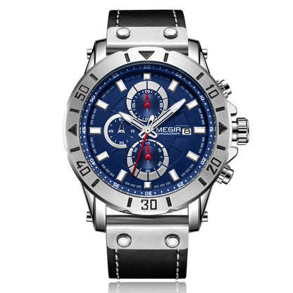 MEGIR Watch Men's Military Sport Wrist Watches Waterproof Leather Quartz Chronograph Calendar Luminous Clock Watch for Man 2081-5