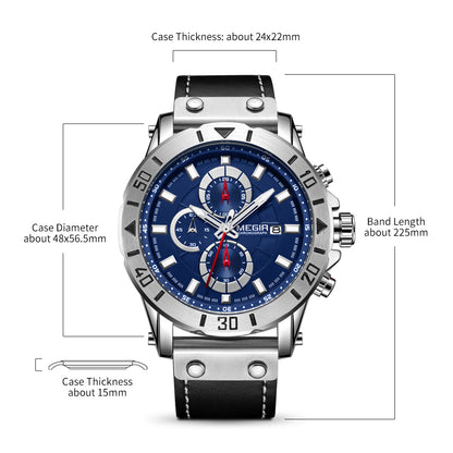 MEGIR Watch Men's Military Sport Wrist Watches Waterproof Leather Quartz Chronograph Calendar Luminous Clock Watch for Man 2081-12