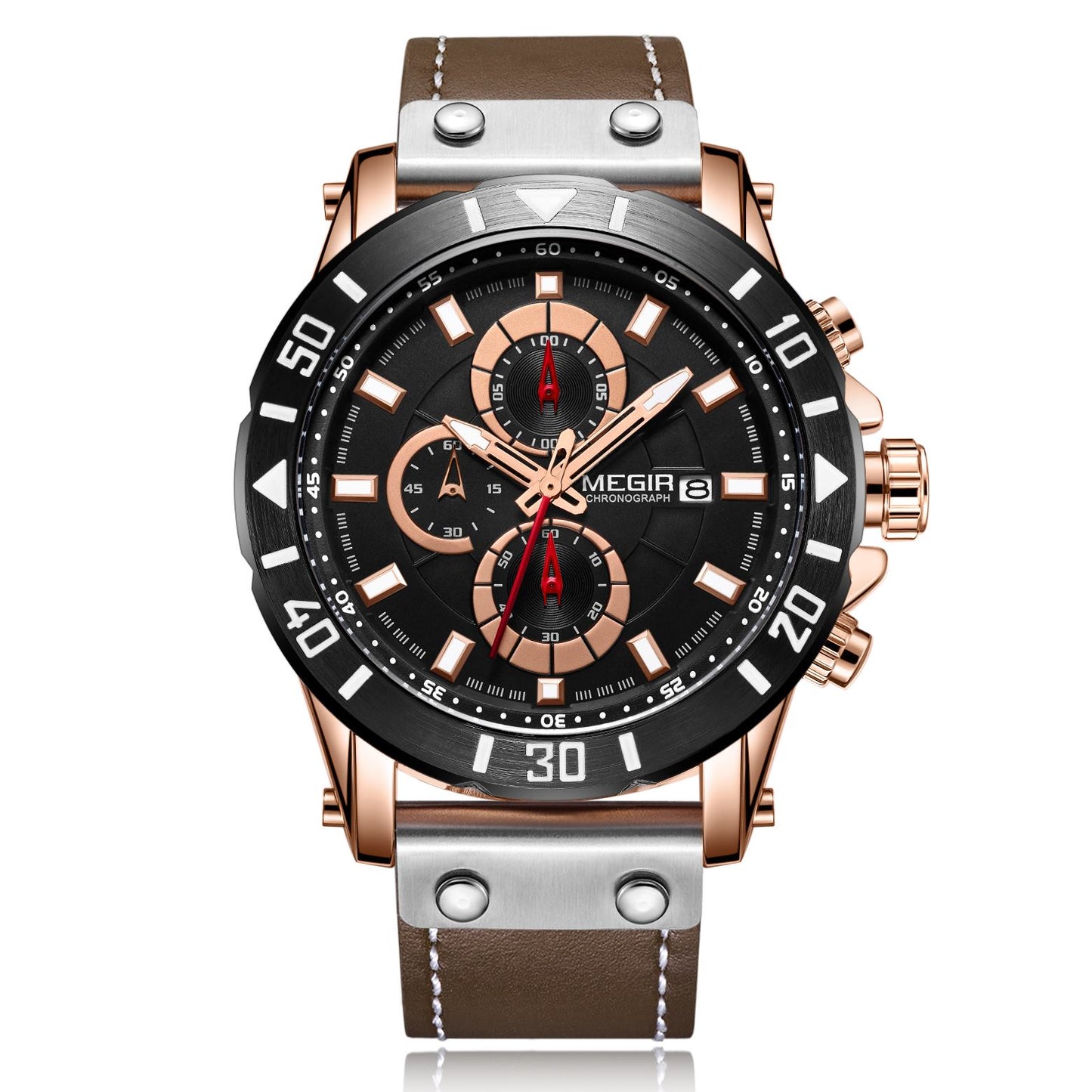 MEGIR Watch Men's Military Sport Wrist Watches Waterproof Leather Quartz Chronograph Calendar Luminous Clock Watch for Man 2081-7