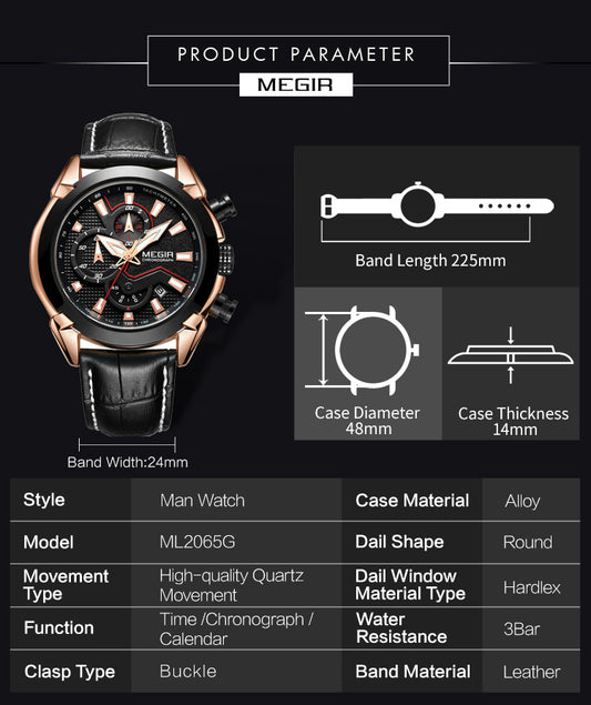 MEGIR Sport Chronograph Men's Quartz Wristwatch Waterproof Male Clock Calendar Luminous Man Watches Calendar Leather Watch 2065