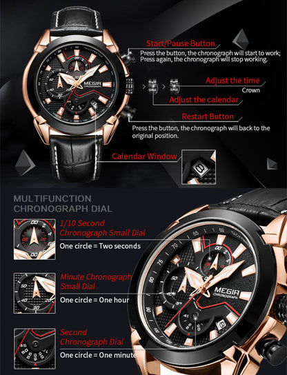 MEGIR Sport Chronograph Men's Quartz Wristwatch Waterproof Male Clock Calendar Luminous Man Watches Calendar Leather Watch 2065