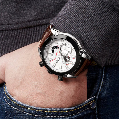 MEGIR Sport Chronograph Men's Quartz Wristwatch Waterproof Male Clock Calendar Luminous Man Watches Calendar Leather Watch 2065