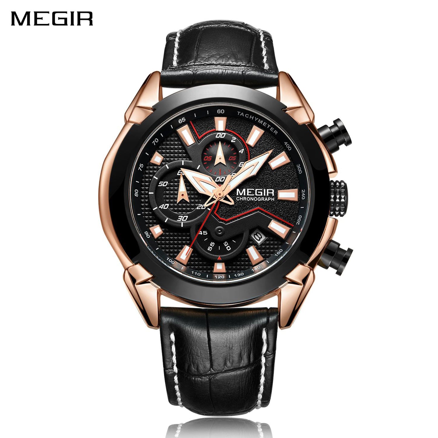 MEGIR Sport Chronograph Men's Quartz Wristwatch Waterproof Male Clock Calendar Luminous Man Watches Calendar Leather Watch 2065