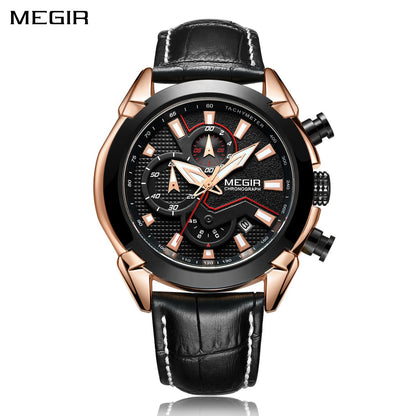 MEGIR Sport Chronograph Men's Quartz Wristwatch Waterproof Male Clock Calendar Luminous Man Watches Calendar Leather Watch 2065
