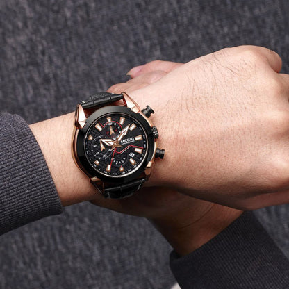 MEGIR Sport Chronograph Men's Quartz Wristwatch Waterproof Male Clock Calendar Luminous Man Watches Calendar Leather Watch 2065