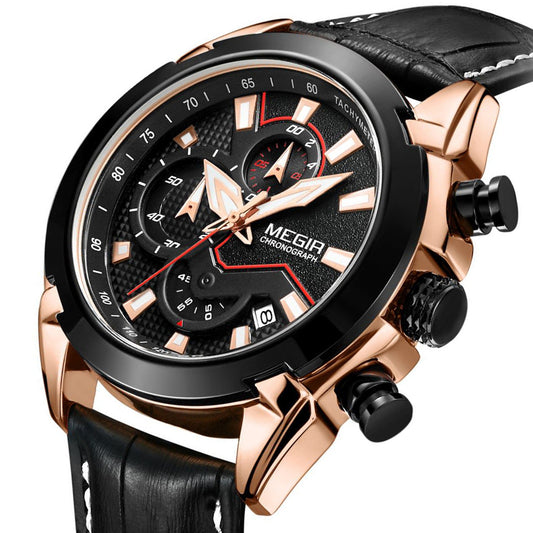 MEGIR Sport Chronograph Men's Quartz Wristwatch Waterproof Male Clock Calendar Luminous Man Watches Calendar Leather Watch 2065
