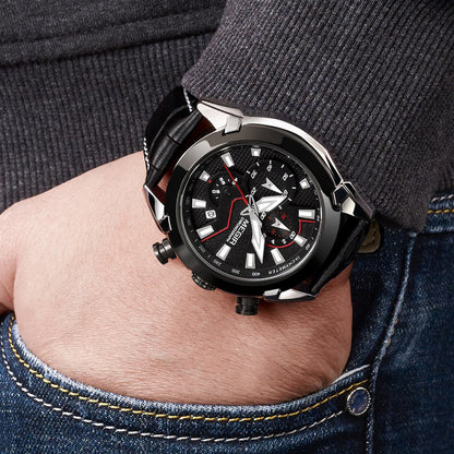 MEGIR Sport Chronograph Men's Quartz Wristwatch Waterproof Male Clock Calendar Luminous Man Watches Calendar Leather Watch 2065