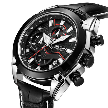 MEGIR Sport Chronograph Men's Quartz Wristwatch Waterproof Male Clock Calendar Luminous Man Watches Calendar Leather Watch 2065