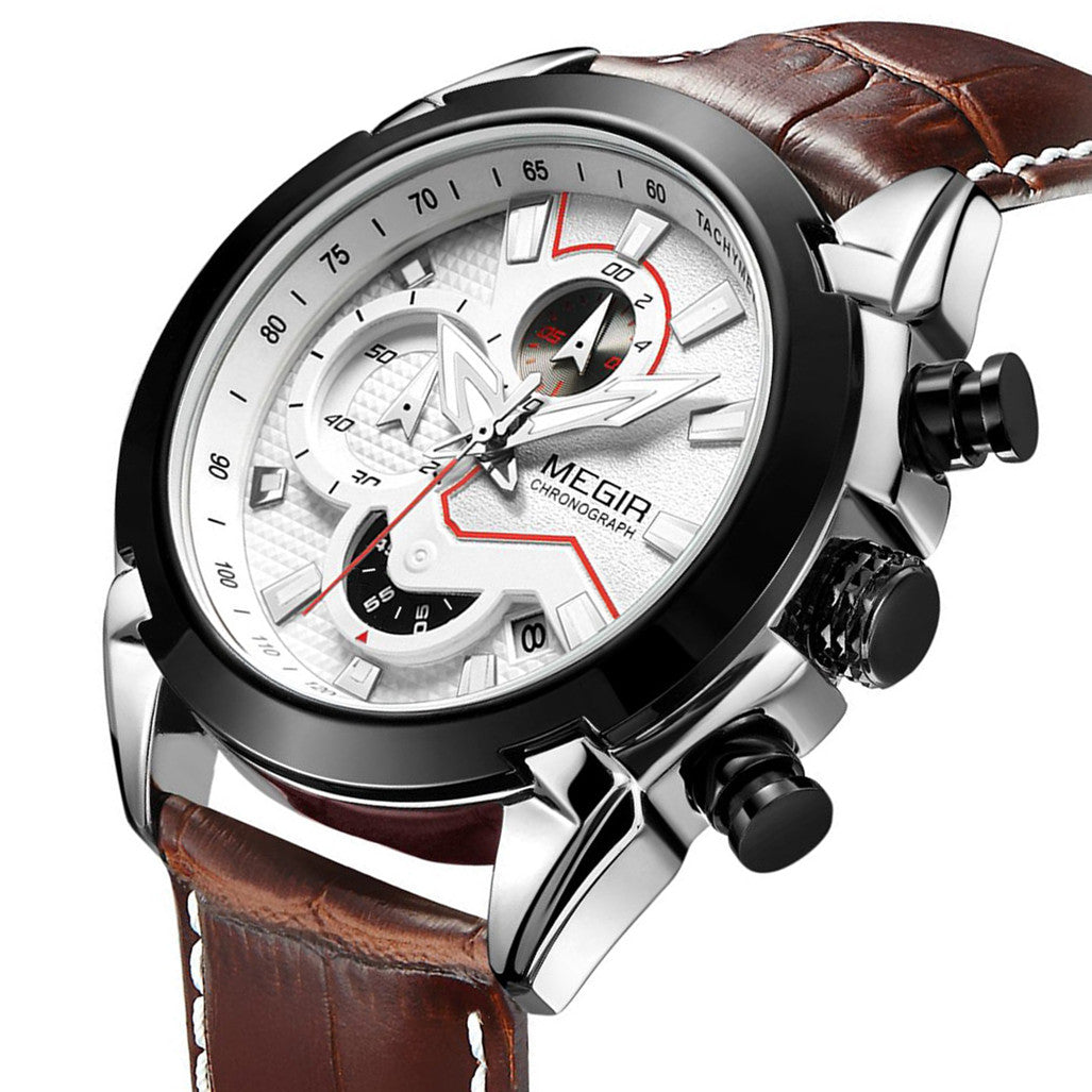 MEGIR Sport Chronograph Men's Quartz Wristwatch Waterproof Male Clock Calendar Luminous Man Watches Calendar Leather Watch 2065