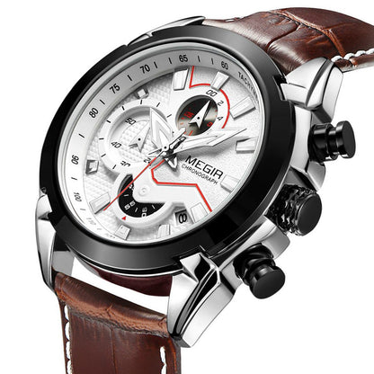 MEGIR Sport Chronograph Men's Quartz Wristwatch Waterproof Male Clock Calendar Luminous Man Watches Calendar Leather Watch 2065