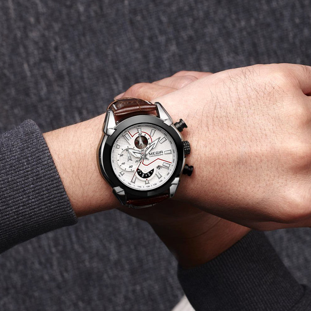 MEGIR Sport Chronograph Men's Quartz Wristwatch Waterproof Male Clock Calendar Luminous Man Watches Calendar Leather Watch 2065
