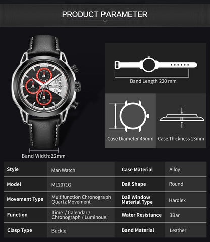 MEGIR Fashion Mens Military Sports Watches Luxury Leather Quartz Business Watch Chronograph Waterproof Luminous Date Wristwatch-9