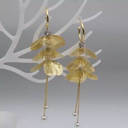 French Elegant Design Floral Petal Pearl Fringe Earrings