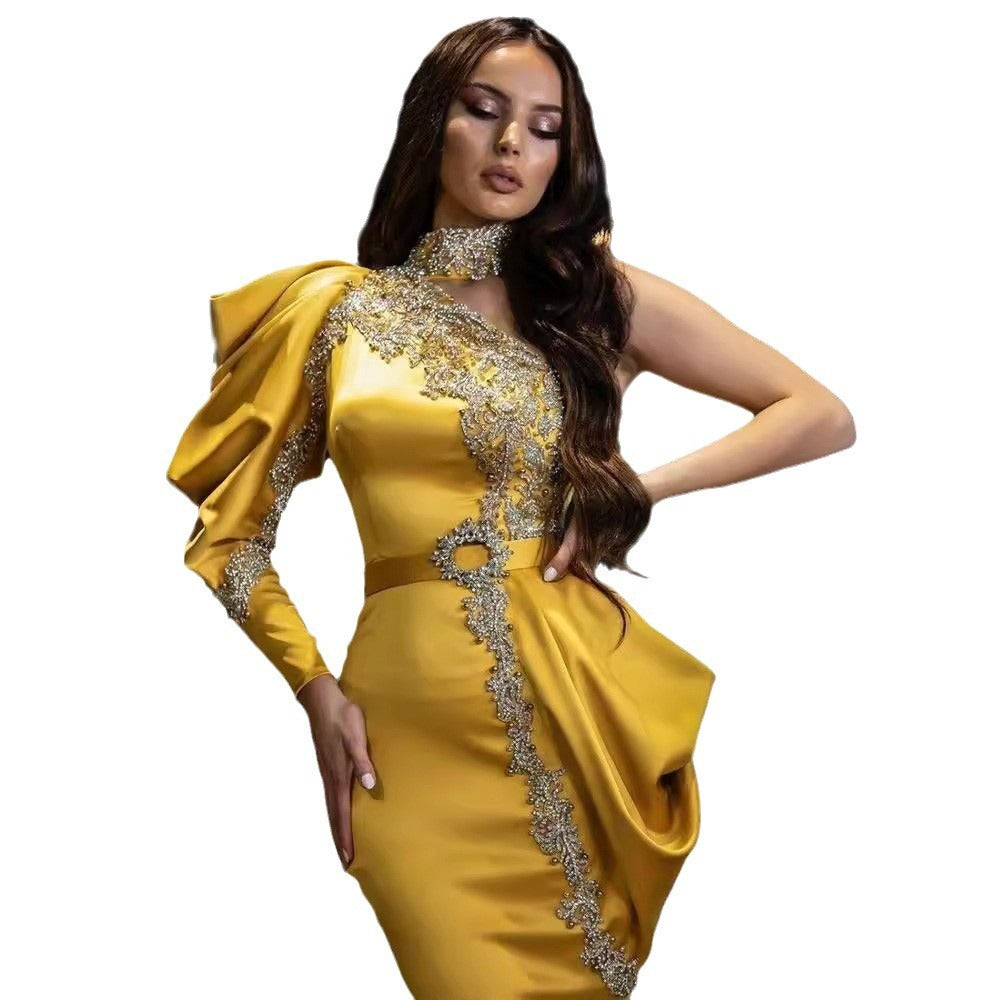 Women's Fashionable Slim-fit Gold Turtleneck Dress