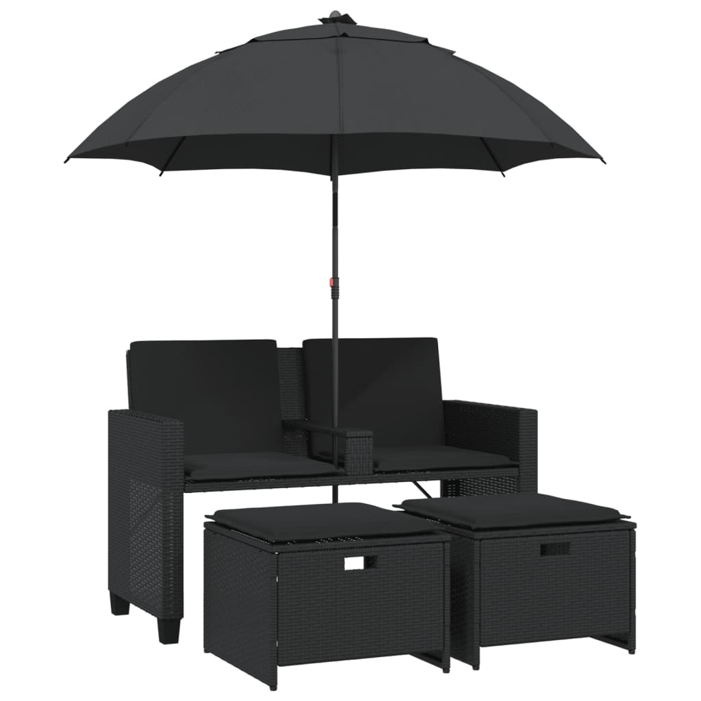 NNEVL Garden Sofa 2-Seater with Parasol and Stools Black Poly Rattan