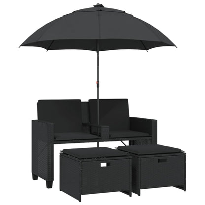 NNEVL Garden Sofa 2-Seater with Parasol and Stools Black Poly Rattan