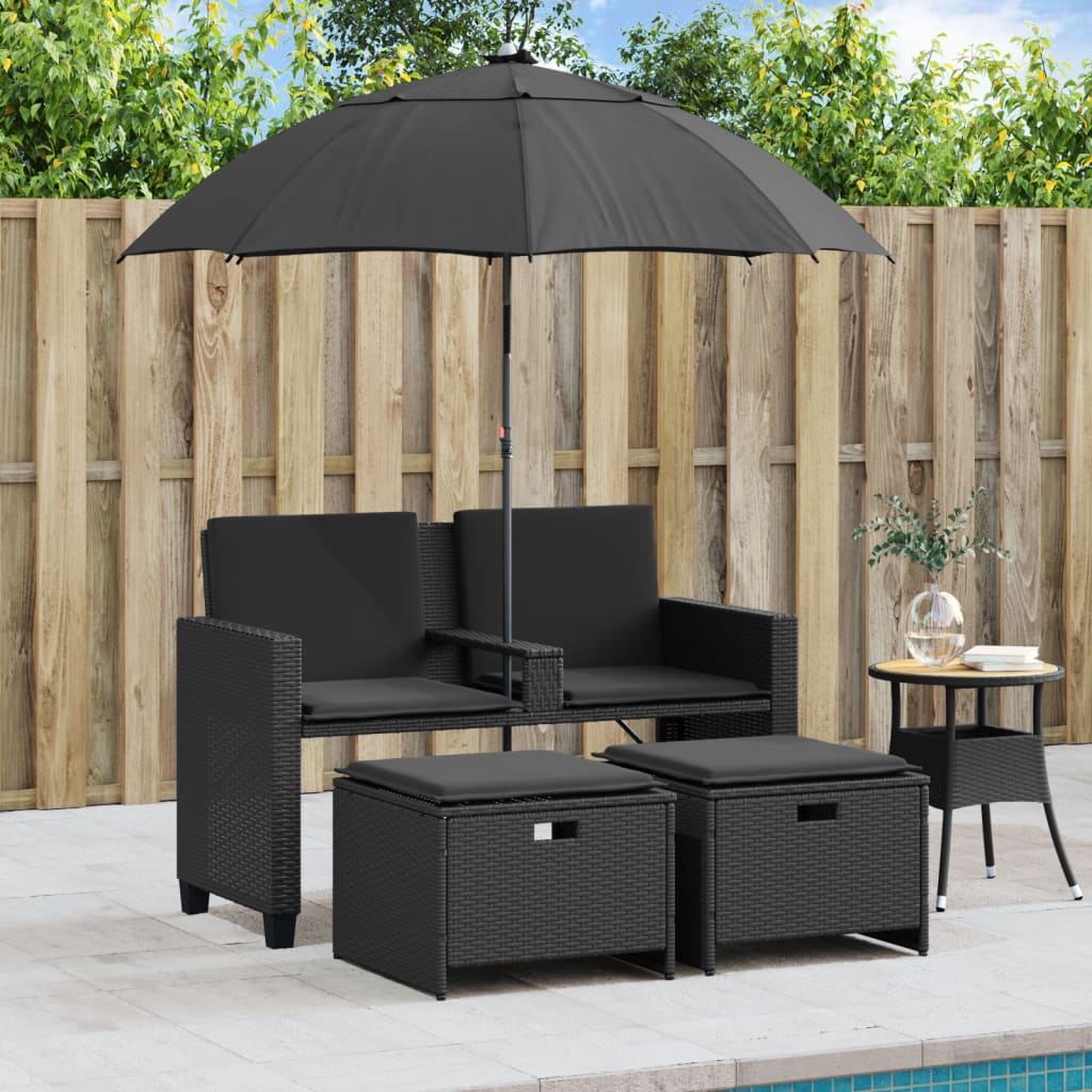 NNEVL Garden Sofa 2-Seater with Parasol and Stools Black Poly Rattan