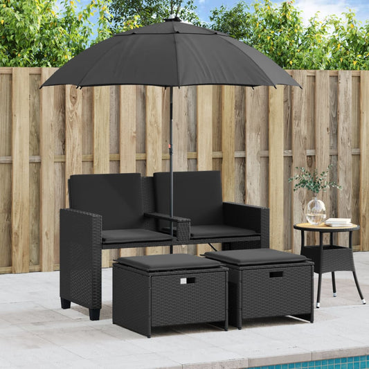 NNEVL Garden Sofa 2-Seater with Parasol and Stools Black Poly Rattan