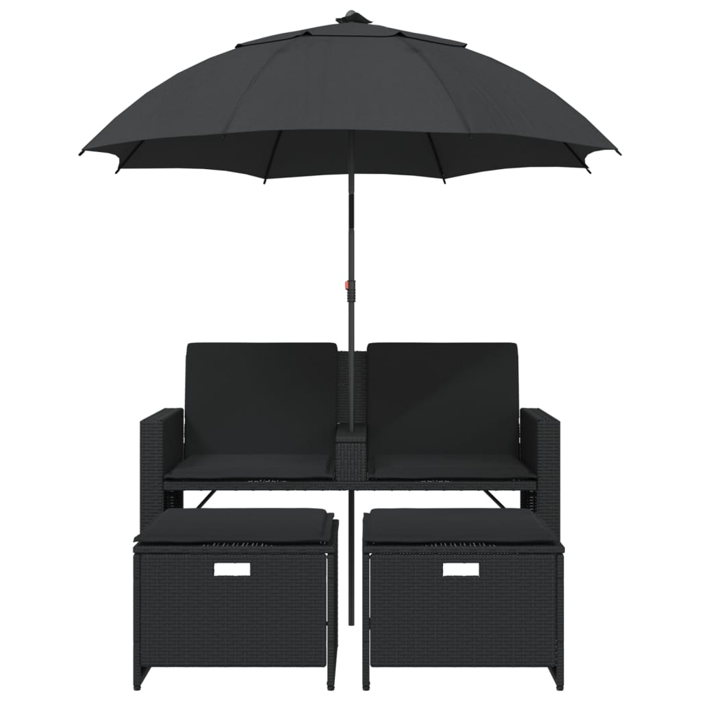NNEVL Garden Sofa 2-Seater with Parasol and Stools Black Poly Rattan