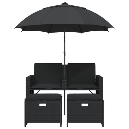 NNEVL Garden Sofa 2-Seater with Parasol and Stools Black Poly Rattan